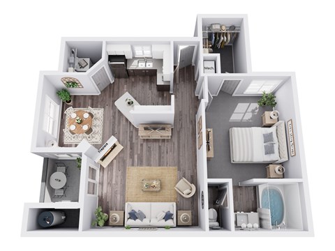 Floor plan for 1 bed, 1 bath, 832 sqft